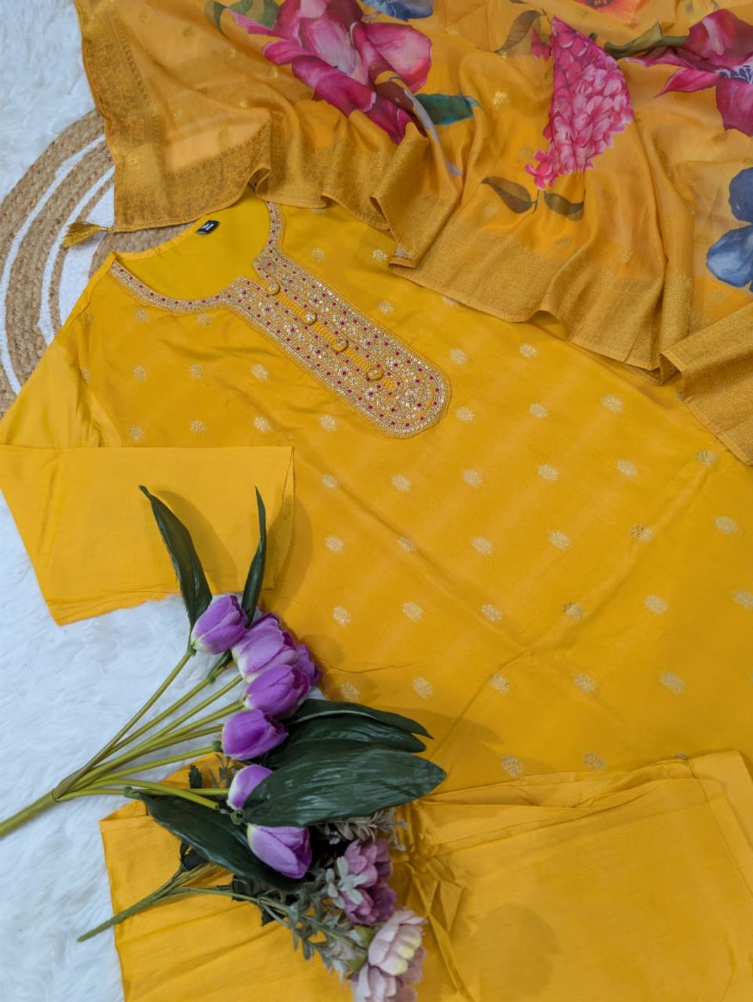 Mustard Yellow Jacquard Kurta Set with Embroidery & Dupatta