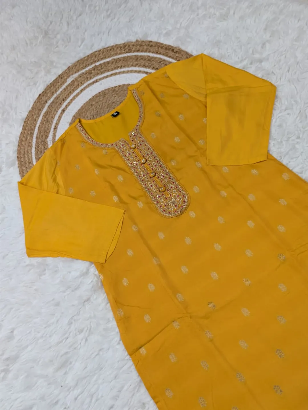 Mustard Yellow Jacquard Kurta Set with Embroidery & Dupatta