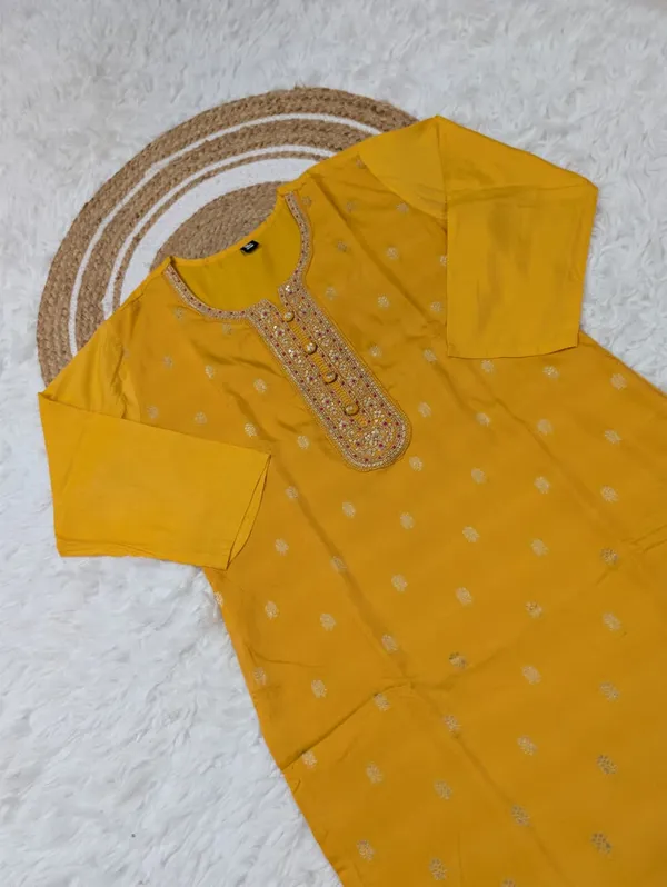 Mustard Yellow Jacquard Kurta Set with Embroidery & Dupatta