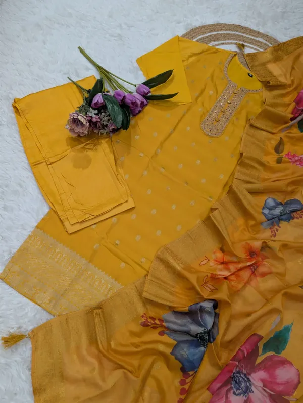 Mustard Yellow Jacquard Kurta Set with Embroidery & Dupatta