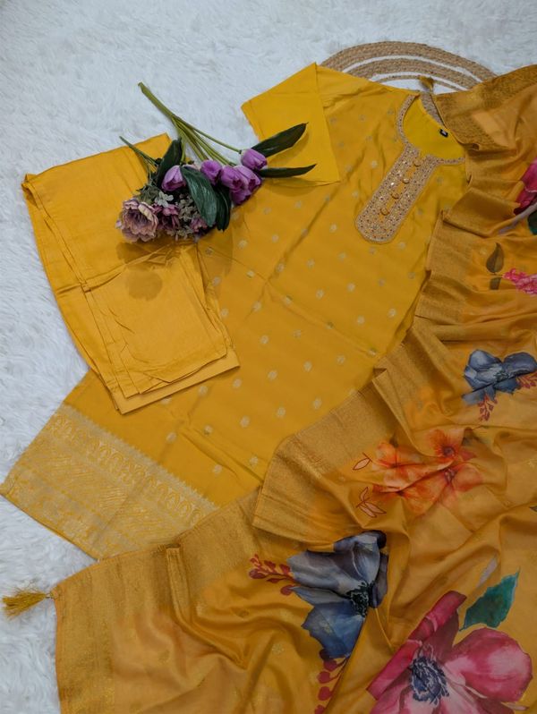 Mustard Yellow Jacquard Kurta Set with Embroidery & Dupatta
