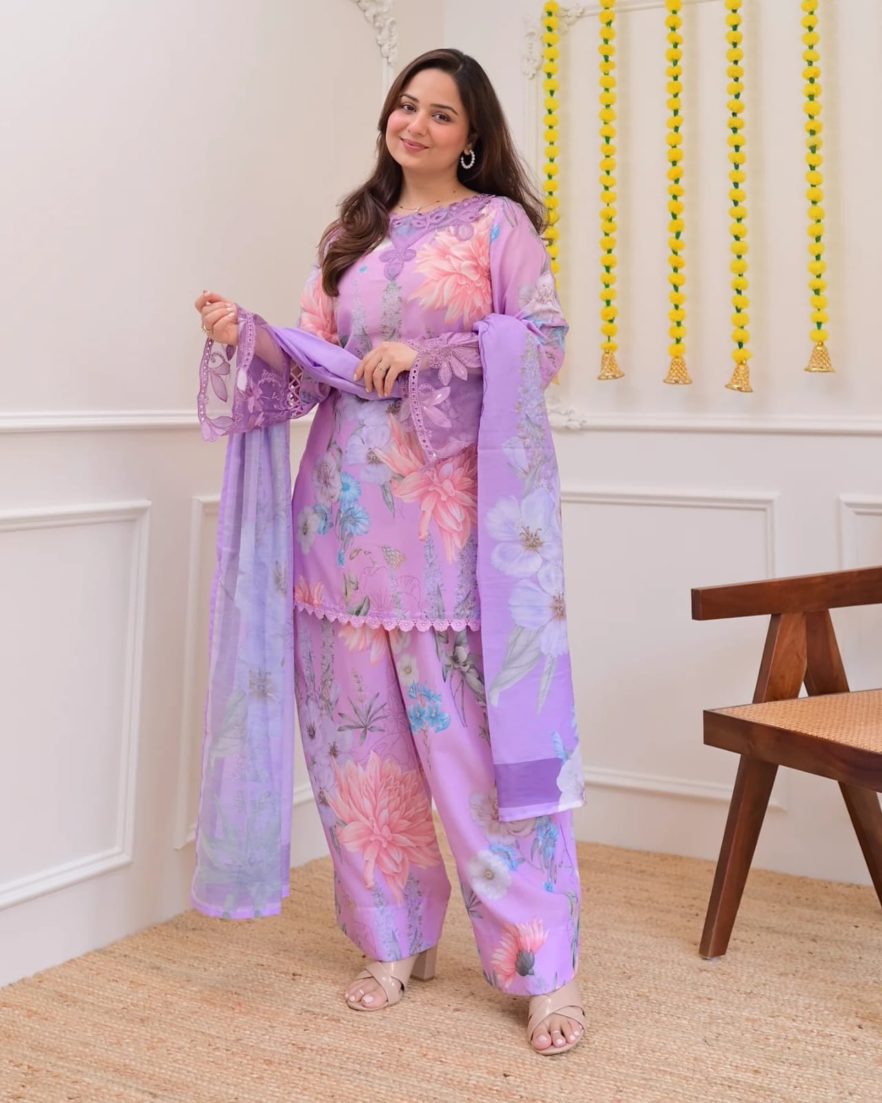 Lavender georgette salwar suit with embroidery for festive