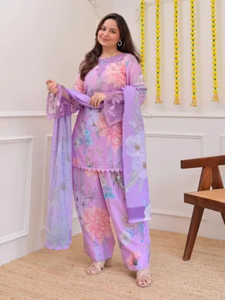 Lavender Georgette Kurti Pant Set with Embroidery & Dupatta