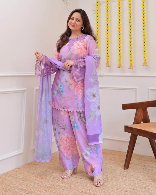 Lavender Georgette Kurti Pant Set with Embroidery & Dupatta