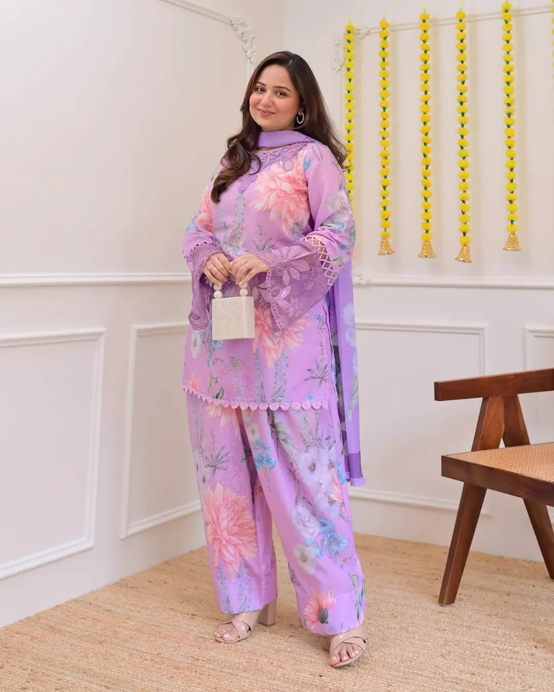 Lavender Georgette Kurti Pant Set with Embroidery & Dupatta