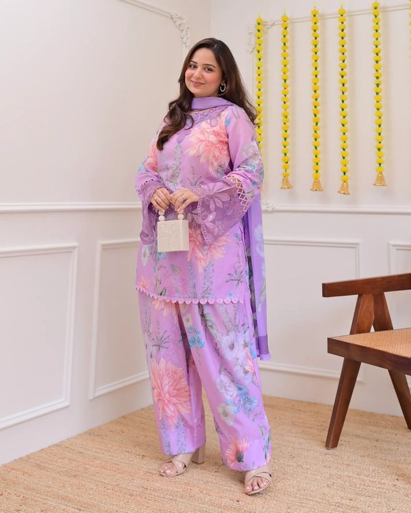 Lavender Georgette Kurti Pant Set with Embroidery & Dupatta