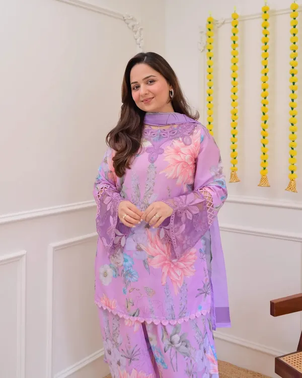 Lavender Georgette Kurti Pant Set with Embroidery & Dupatta