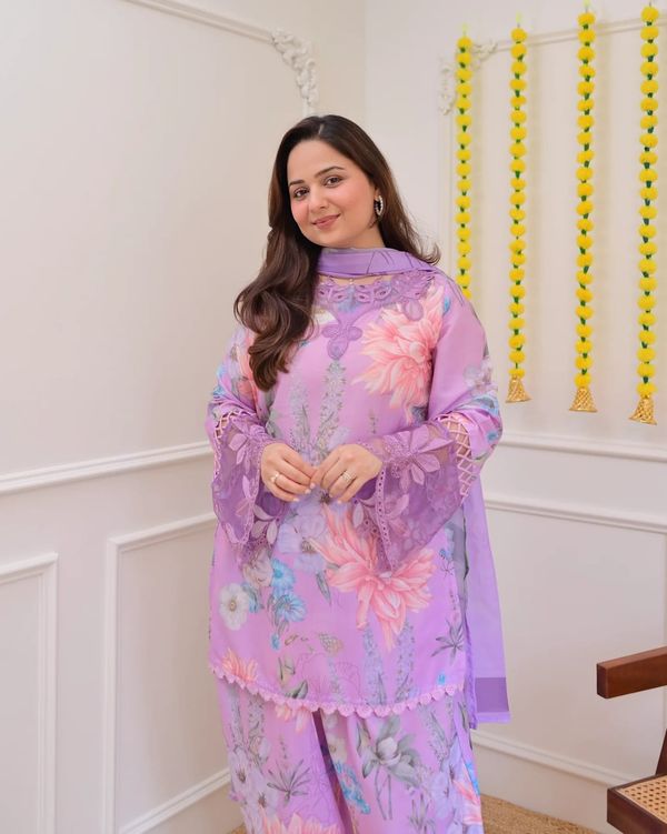 Lavender Georgette Kurti Pant Set with Embroidery & Dupatta