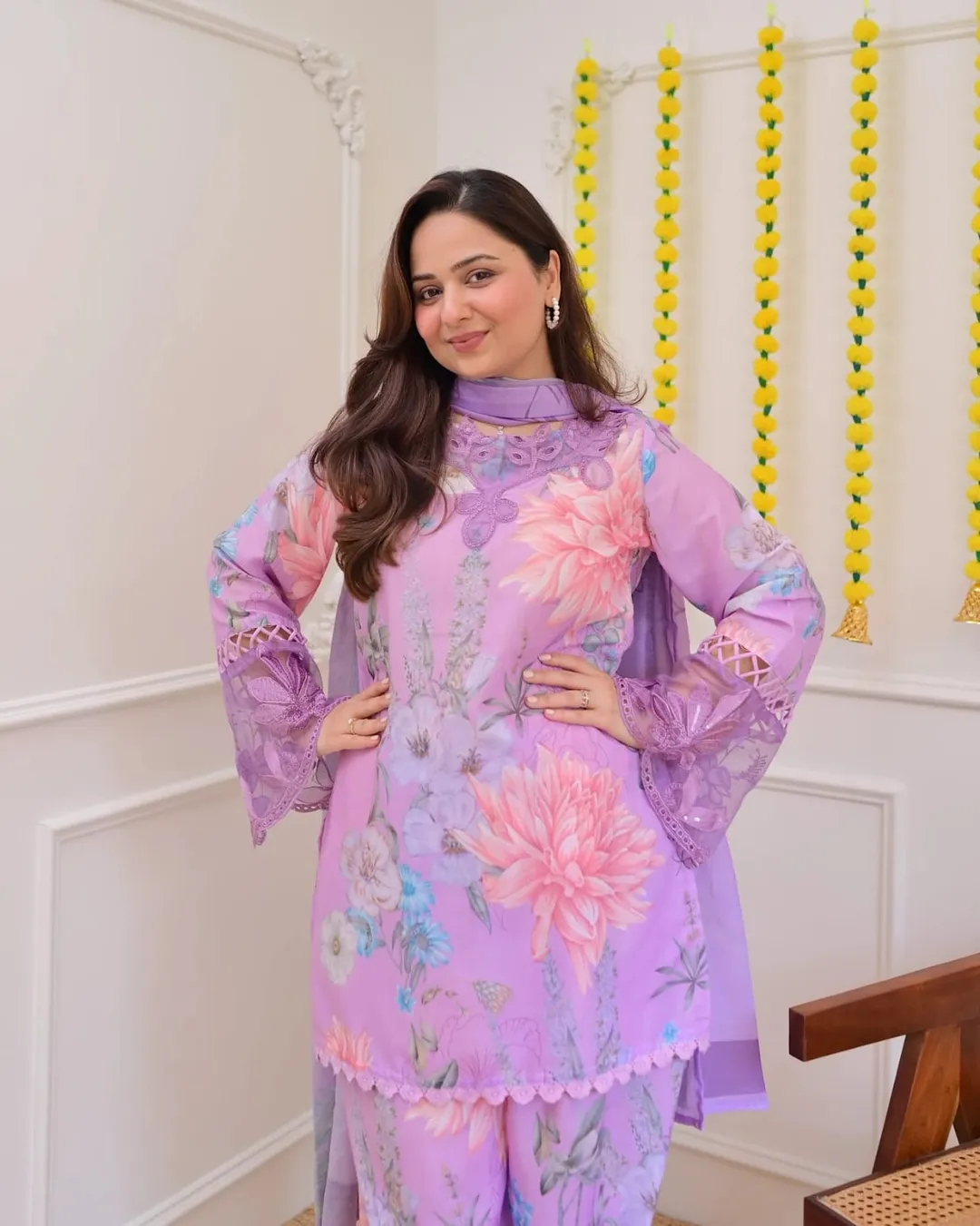 Lavender Georgette Kurti Pant Set with Embroidery & Dupatta