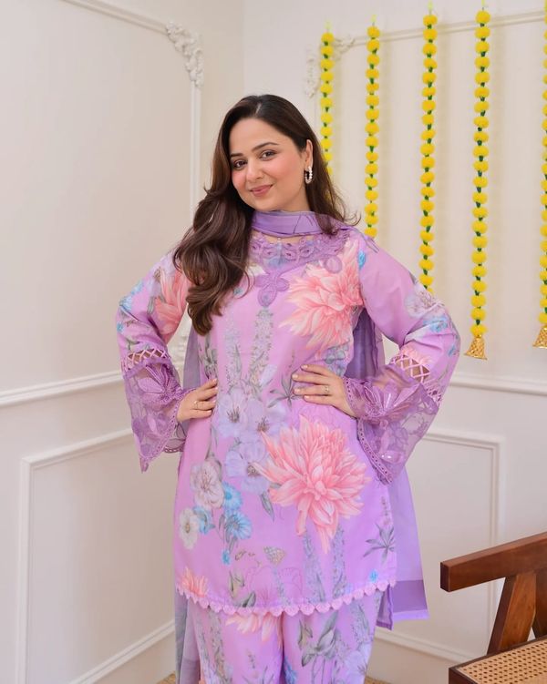 Lavender Georgette Kurti Pant Set with Embroidery & Dupatta
