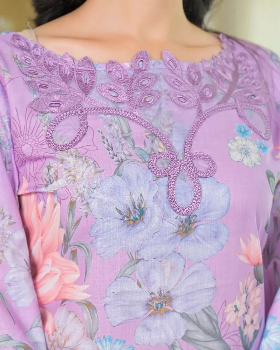Lavender Georgette Kurti Pant Set with Embroidery & Dupatta