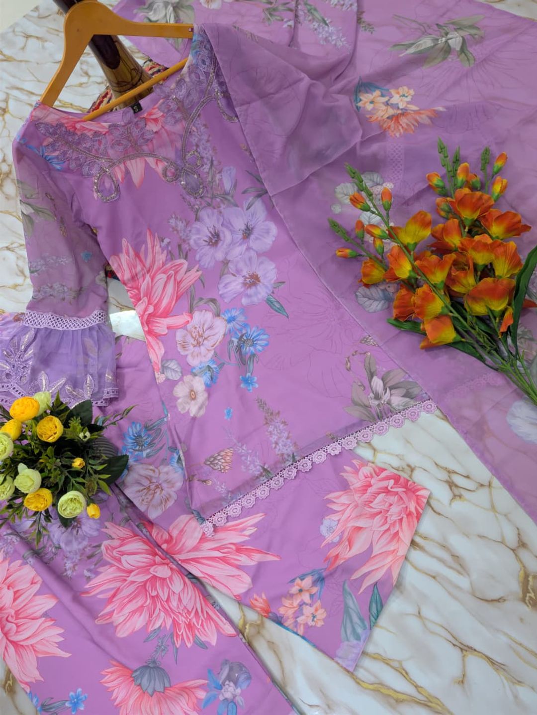 Lavender Georgette Kurti Pant Set with Embroidery & Dupatta
