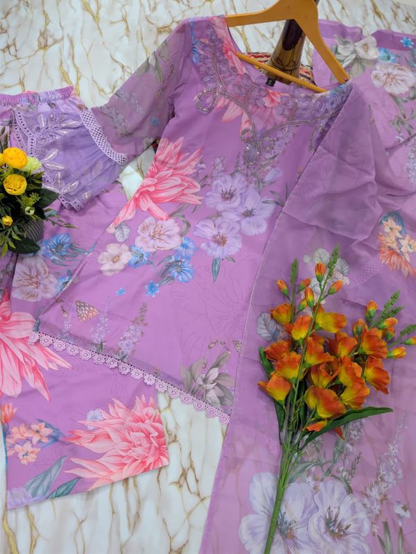 Lavender Georgette Kurti Pant Set with Embroidery & Dupatta