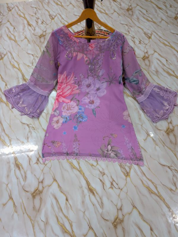Lavender Georgette Kurti Pant Set with Embroidery & Dupatta