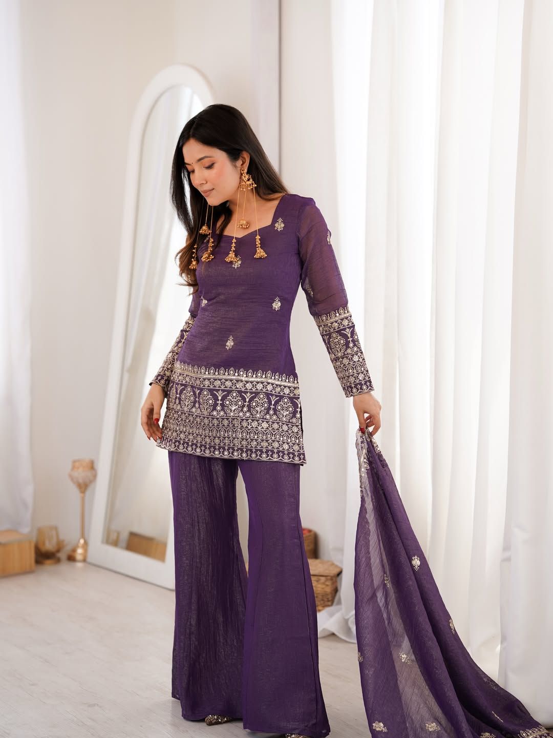 Purple Crunchy Silk Sarara Set with Cording Embroidery Work