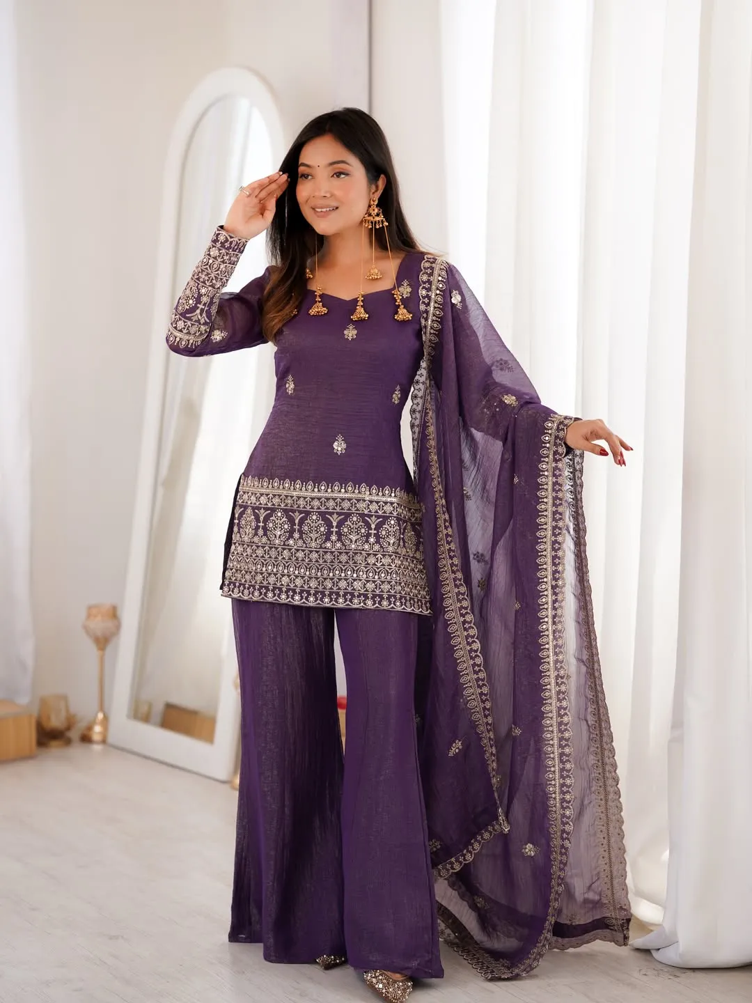Purple Crunchy Silk Sarara Set with Cording Embroidery Work