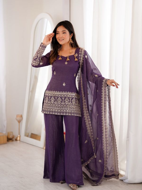 Purple Crunchy Silk Sarara Set with Cording Embroidery Work
