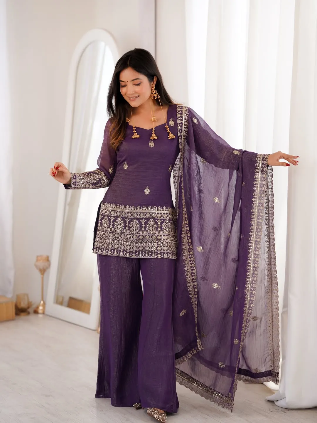 Purple Crunchy Silk Sarara Set with Cording Embroidery Work