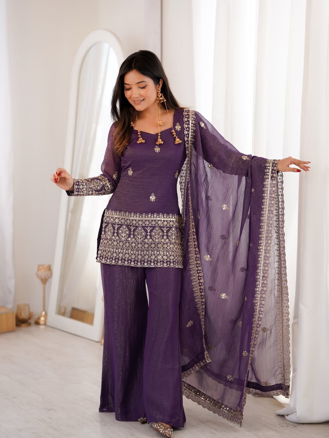 Purple Crunchy Silk Sarara Set with Cording Embroidery Work