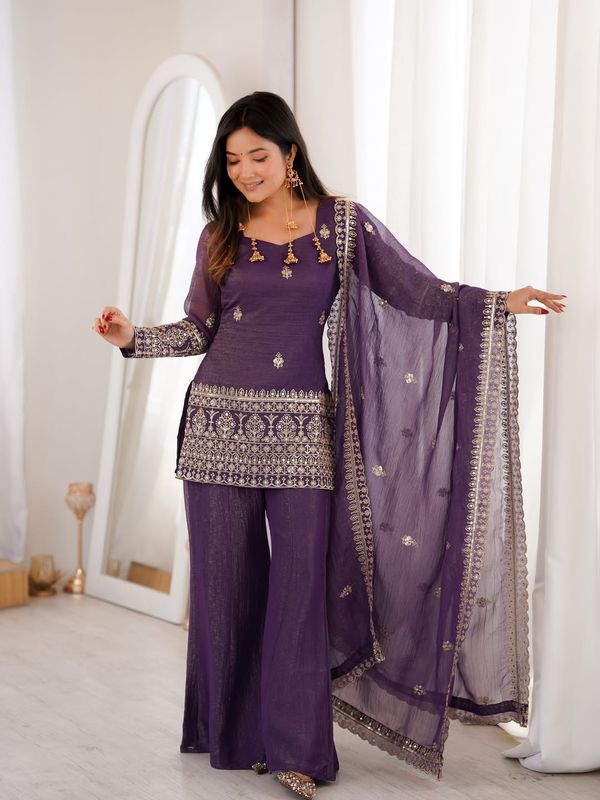Purple Crunchy Silk Sarara Set with Cording Embroidery Work