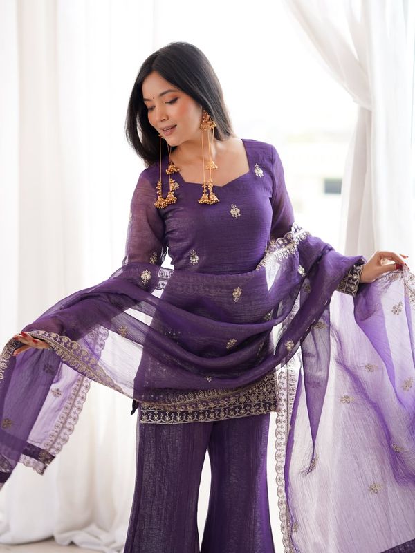 Purple Crunchy Silk Sarara Set with Cording Embroidery Work