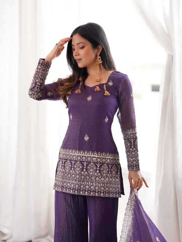 Purple Crunchy Silk Sarara Set with Cording Embroidery Work