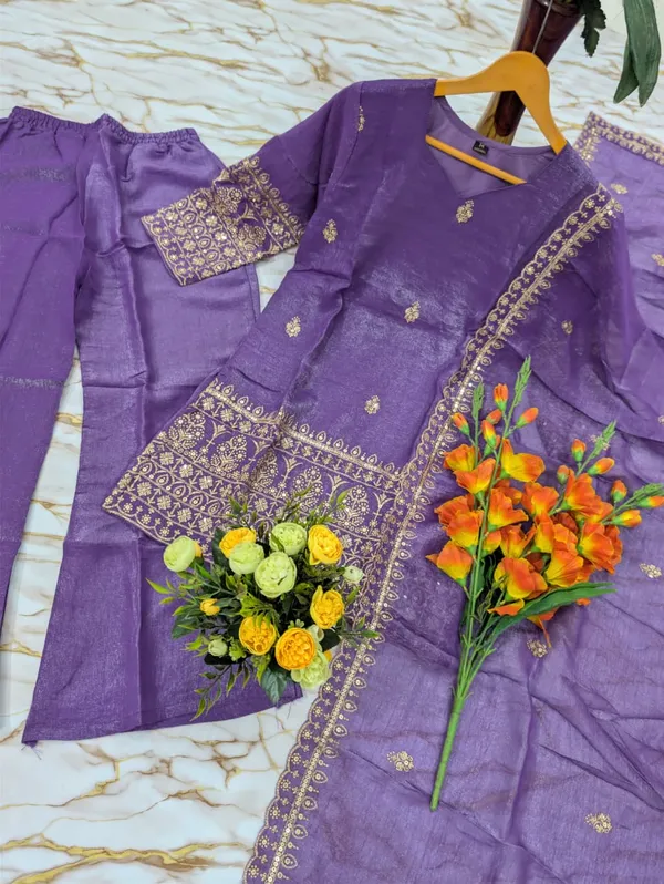 Purple Crunchy Silk Sarara Set with Cording Embroidery Work