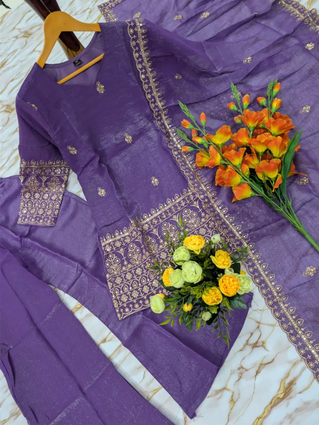Purple Crunchy Silk Sarara Set with Cording Embroidery Work