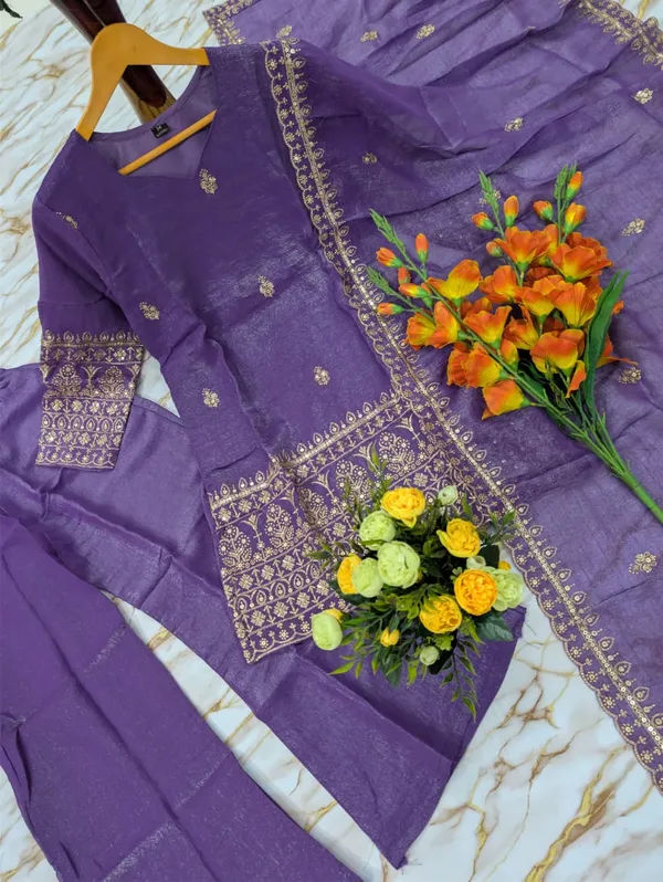 Purple Crunchy Silk Sarara Set with Cording Embroidery Work