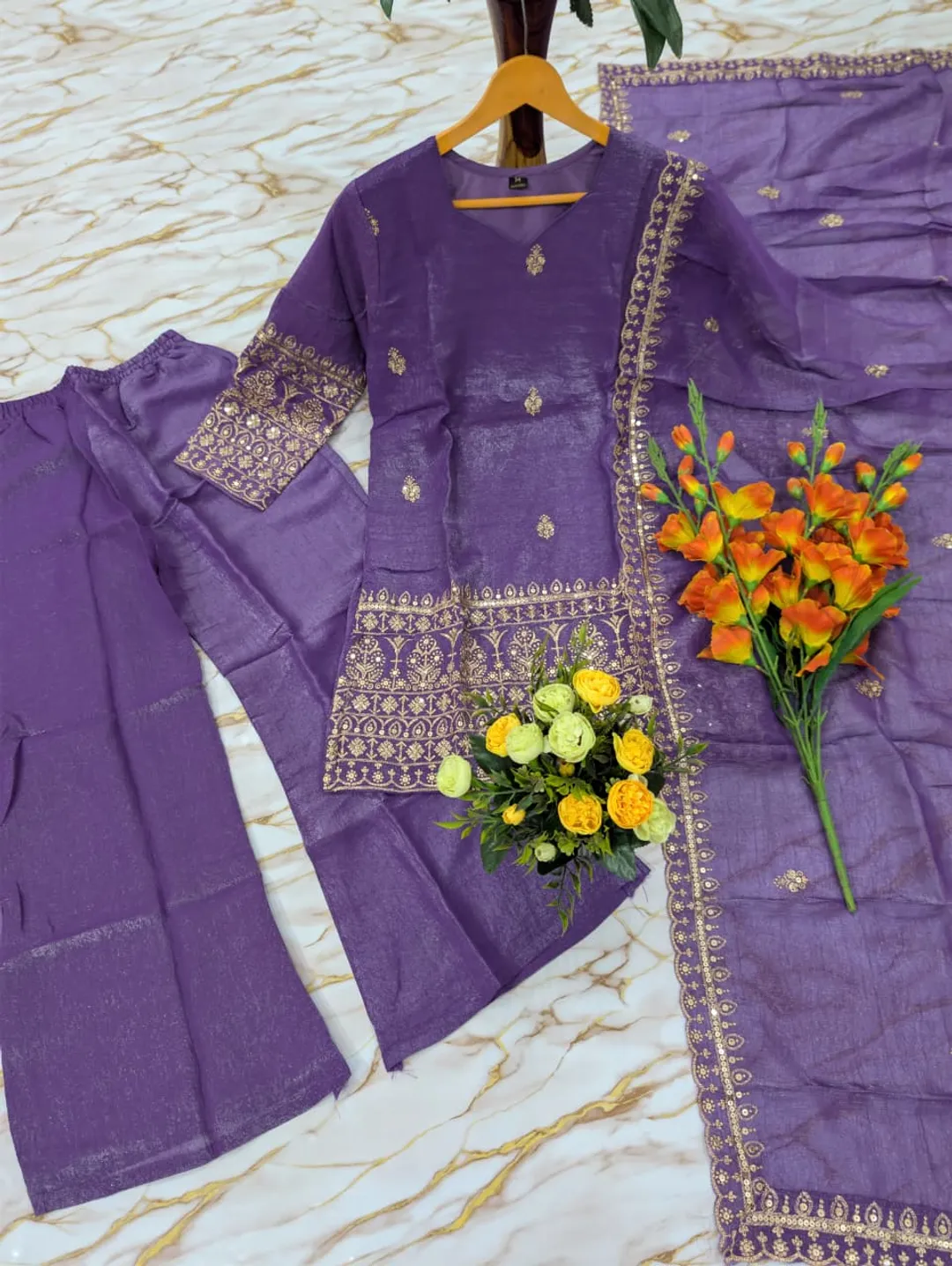 Purple Crunchy Silk Sarara Set with Cording Embroidery Work