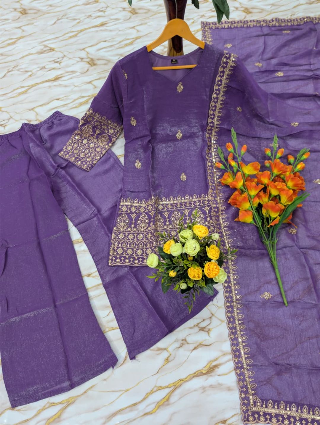 Purple Crunchy Silk Sarara Set with Cording Embroidery Work