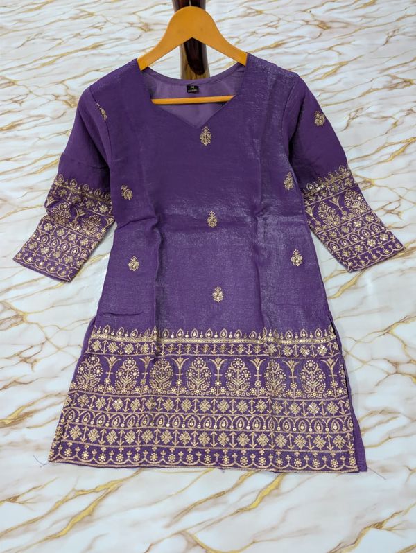 Purple Crunchy Silk Sarara Set with Cording Embroidery Work