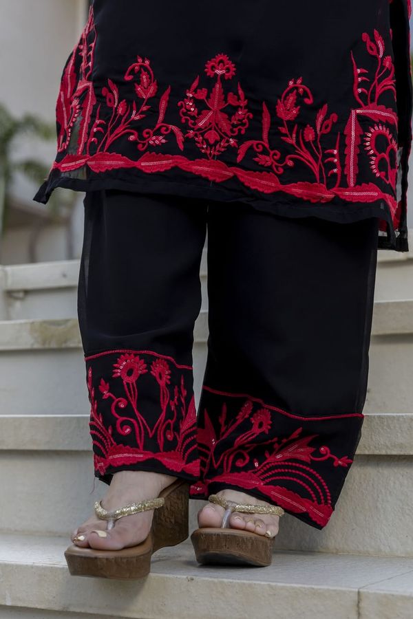 Black Georgette Kurta Set with Heavy Embroidery and Dupatta