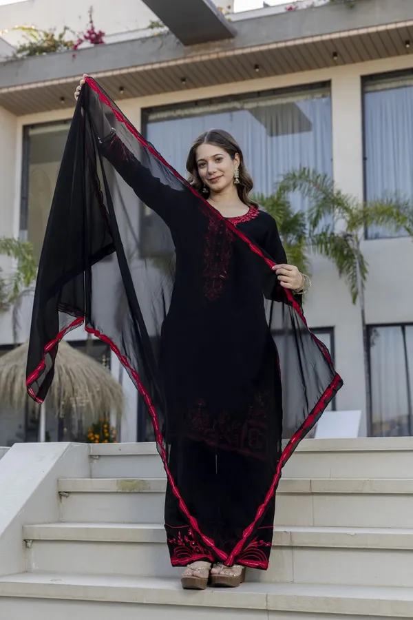 Black Georgette Kurta Set with Heavy Embroidery and Dupatta