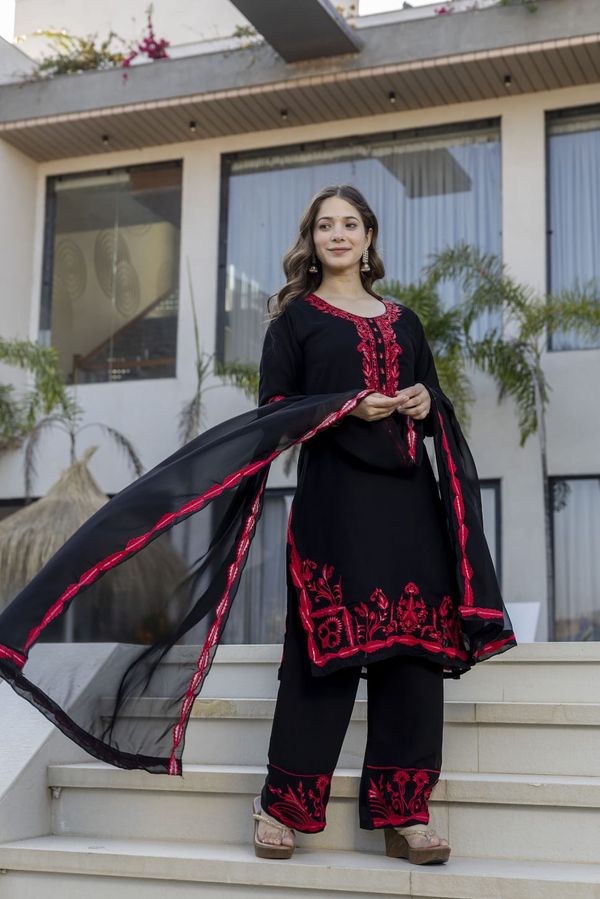 Black Georgette Kurta Set with Heavy Embroidery and Dupatta
