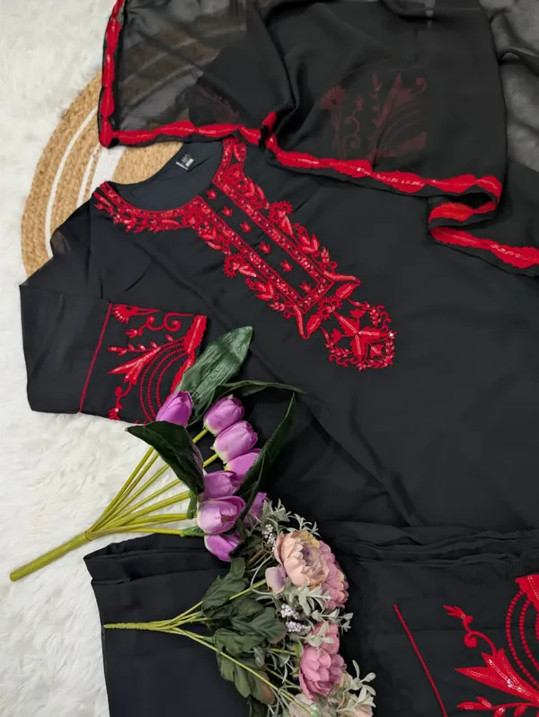 Black Georgette Kurta Set with Heavy Embroidery and Dupatta