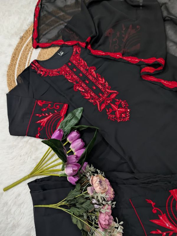 Black Georgette Kurta Set with Heavy Embroidery and Dupatta