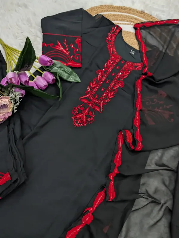 Black Georgette Kurta Set with Heavy Embroidery and Dupatta