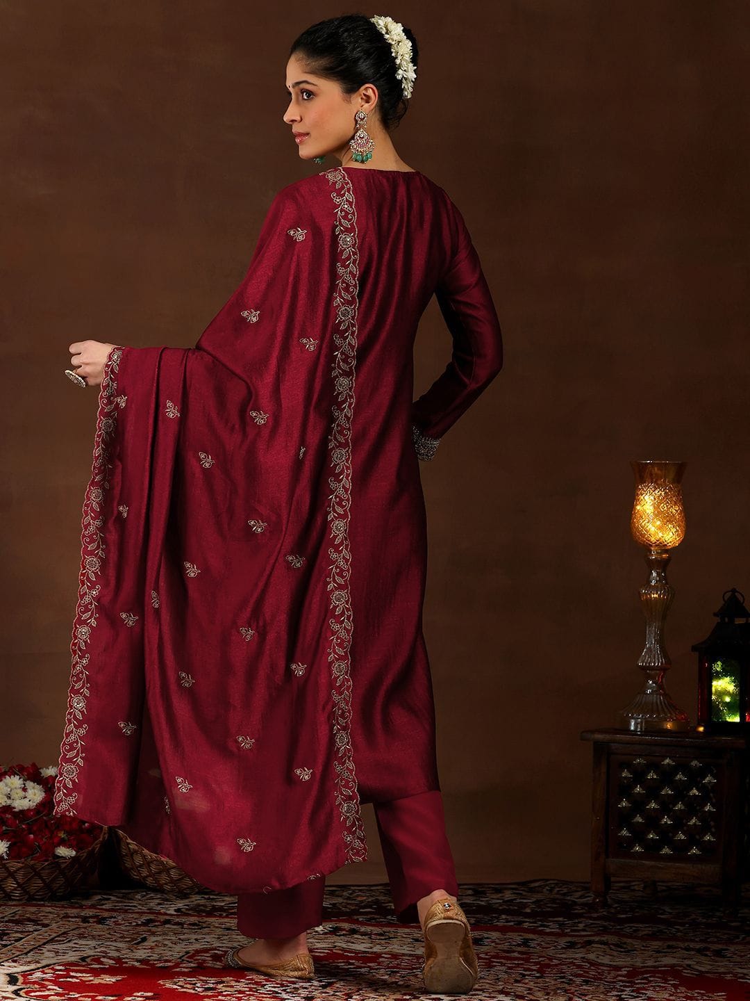 Maroon silk salwar suit with embroidery