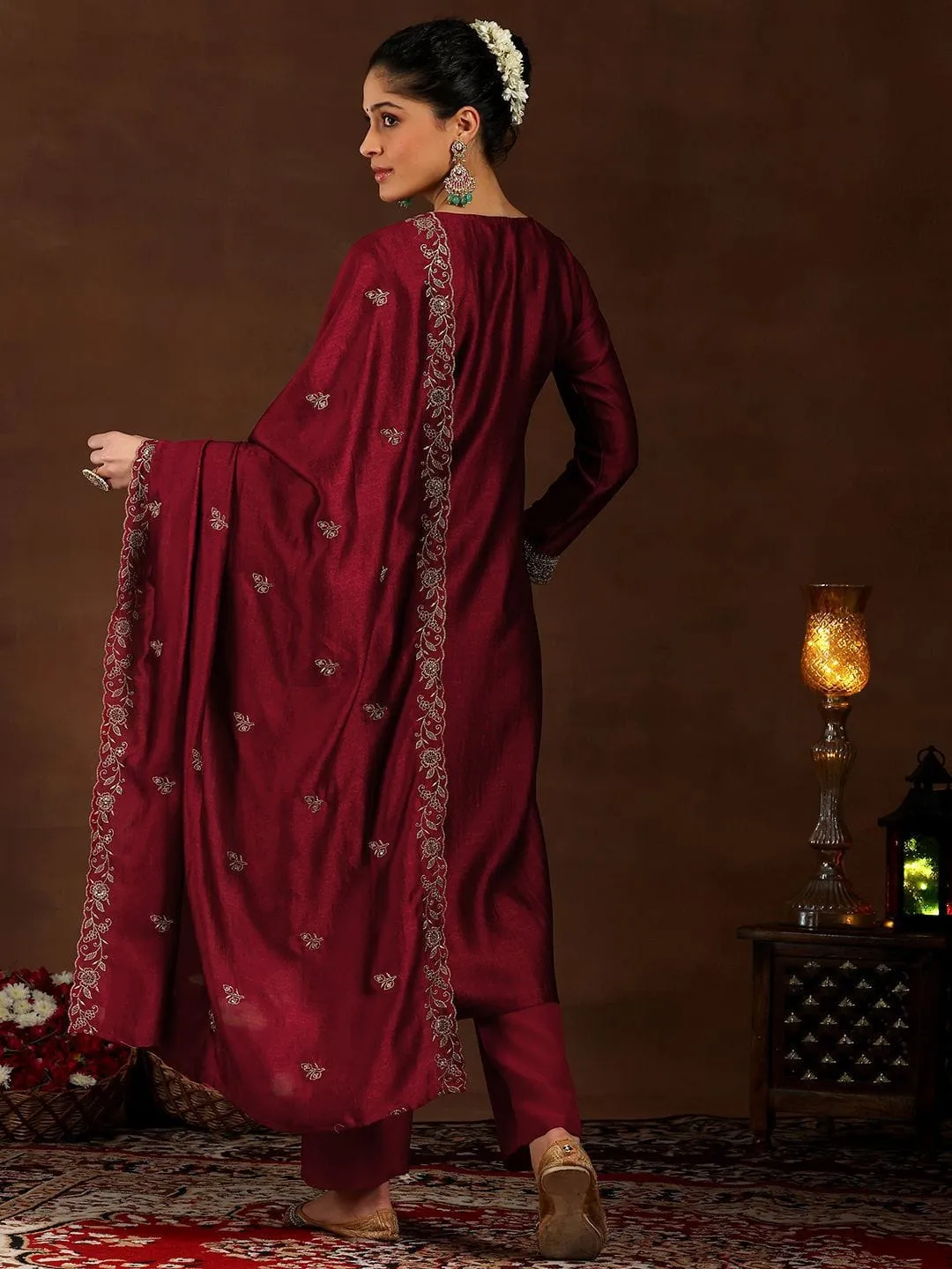 Maroon Vichitra Silk Kurta Set with Elegant Embroidery Work