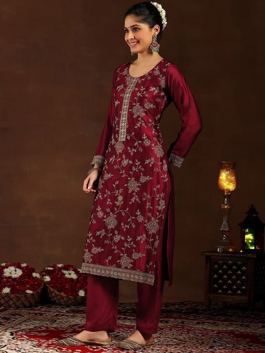 Maroon Vichitra Silk Kurta Set with Elegant Embroidery Work