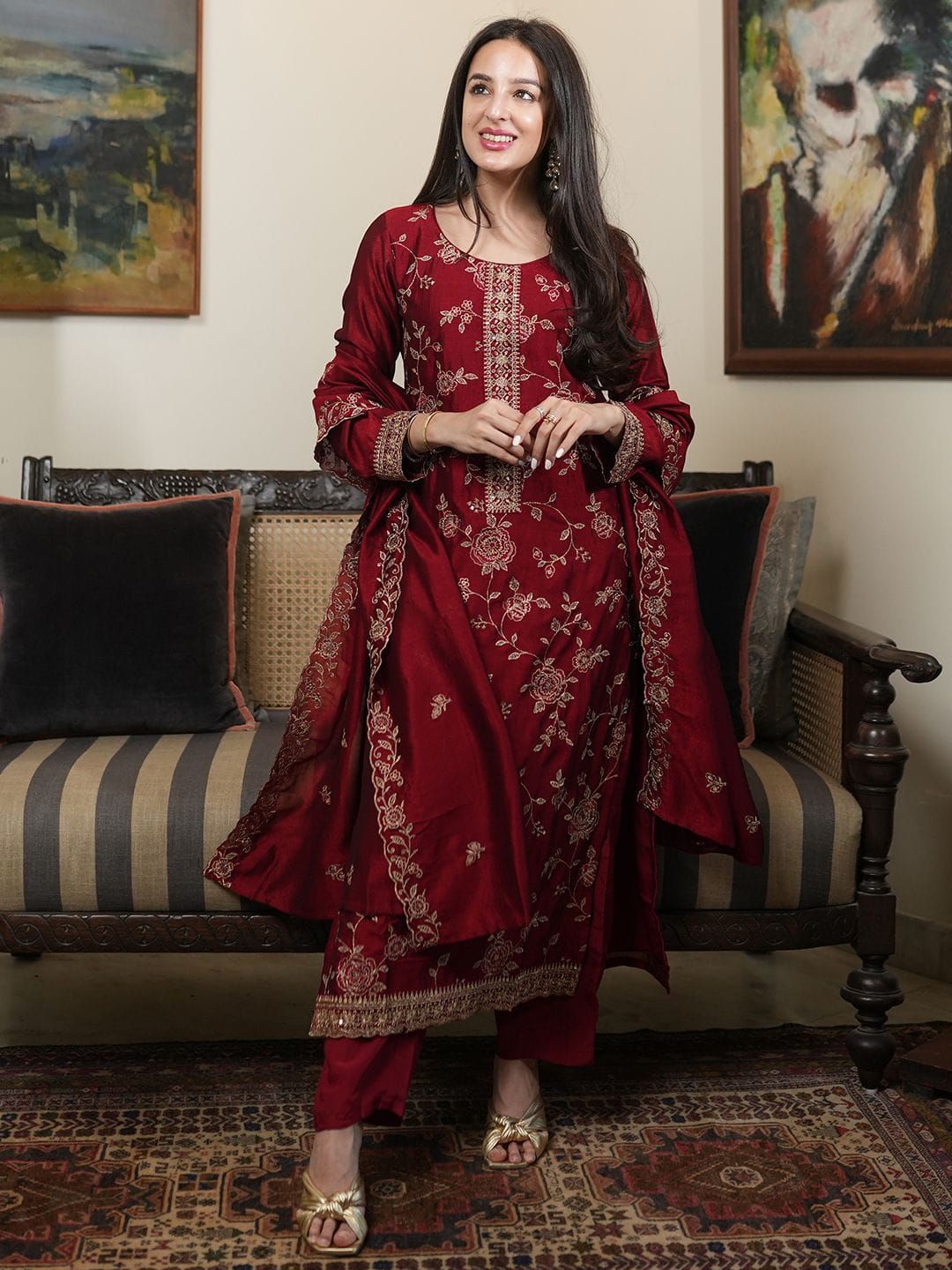 Maroon Vichitra Silk Kurta Set with Elegant Embroidery Work