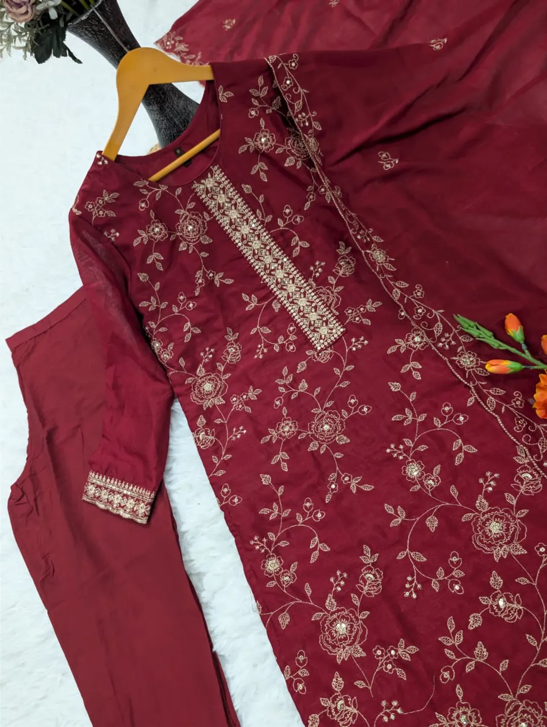Maroon Vichitra Silk Kurta Set with Elegant Embroidery Work