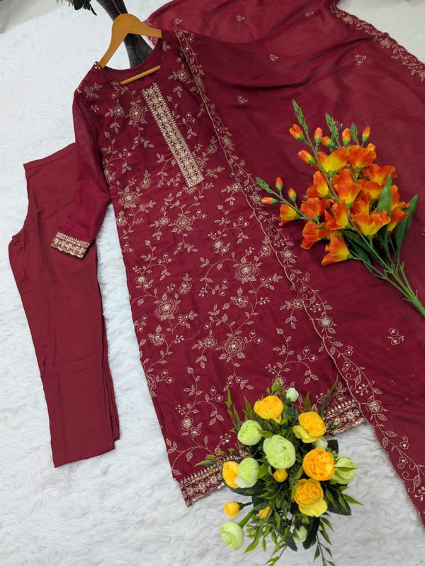 Maroon Vichitra Silk Kurta Set with Elegant Embroidery Work