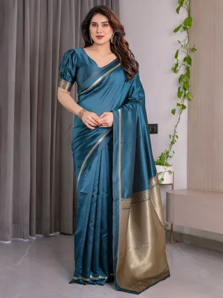 Teal Blue Banarasi Soft Silk Saree with Elegant Zari Border