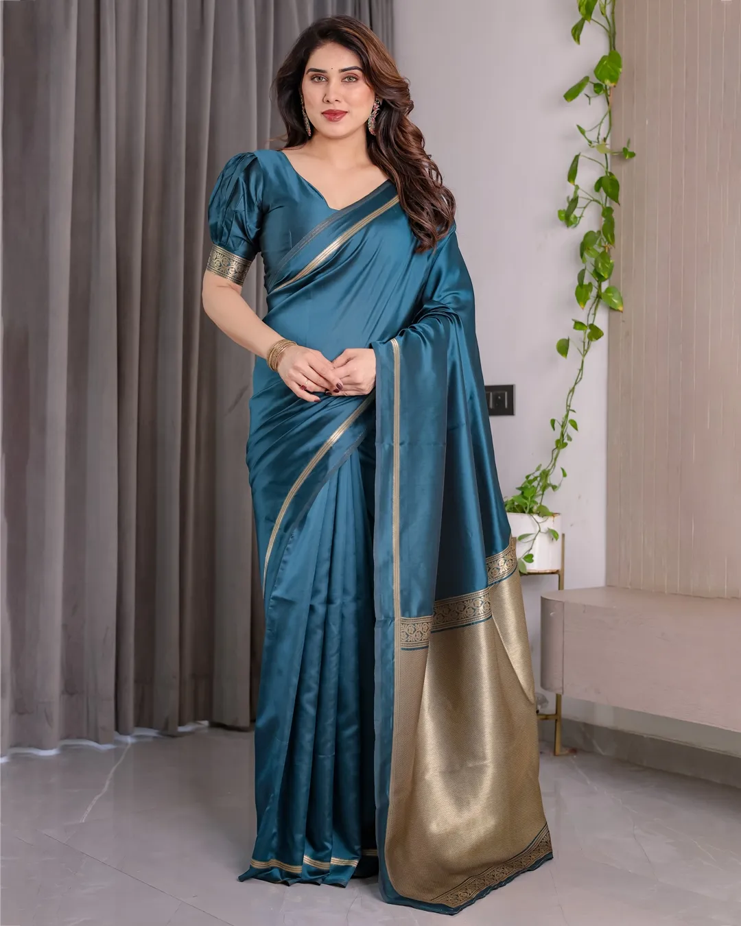 Teal Blue Banarasi Soft Silk Saree With Elegant Zari Border