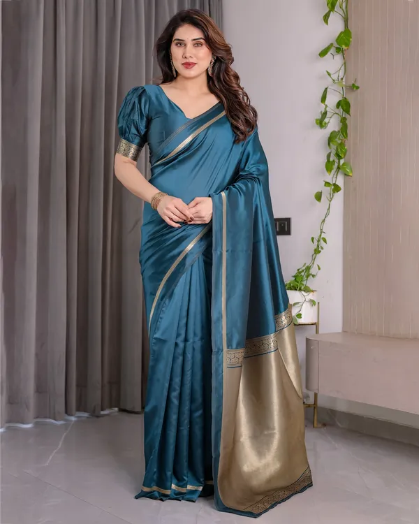 Teal Blue Banarasi Soft Silk Saree With Elegant Zari Border