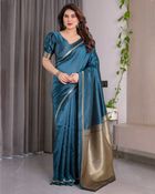 Teal Blue Banarasi Soft Silk Saree With Elegant Zari Border - blue, Peacock Blue, Royal Blue, Navy Blue, Slate Blue, Cobalt Blue, Denim Blue