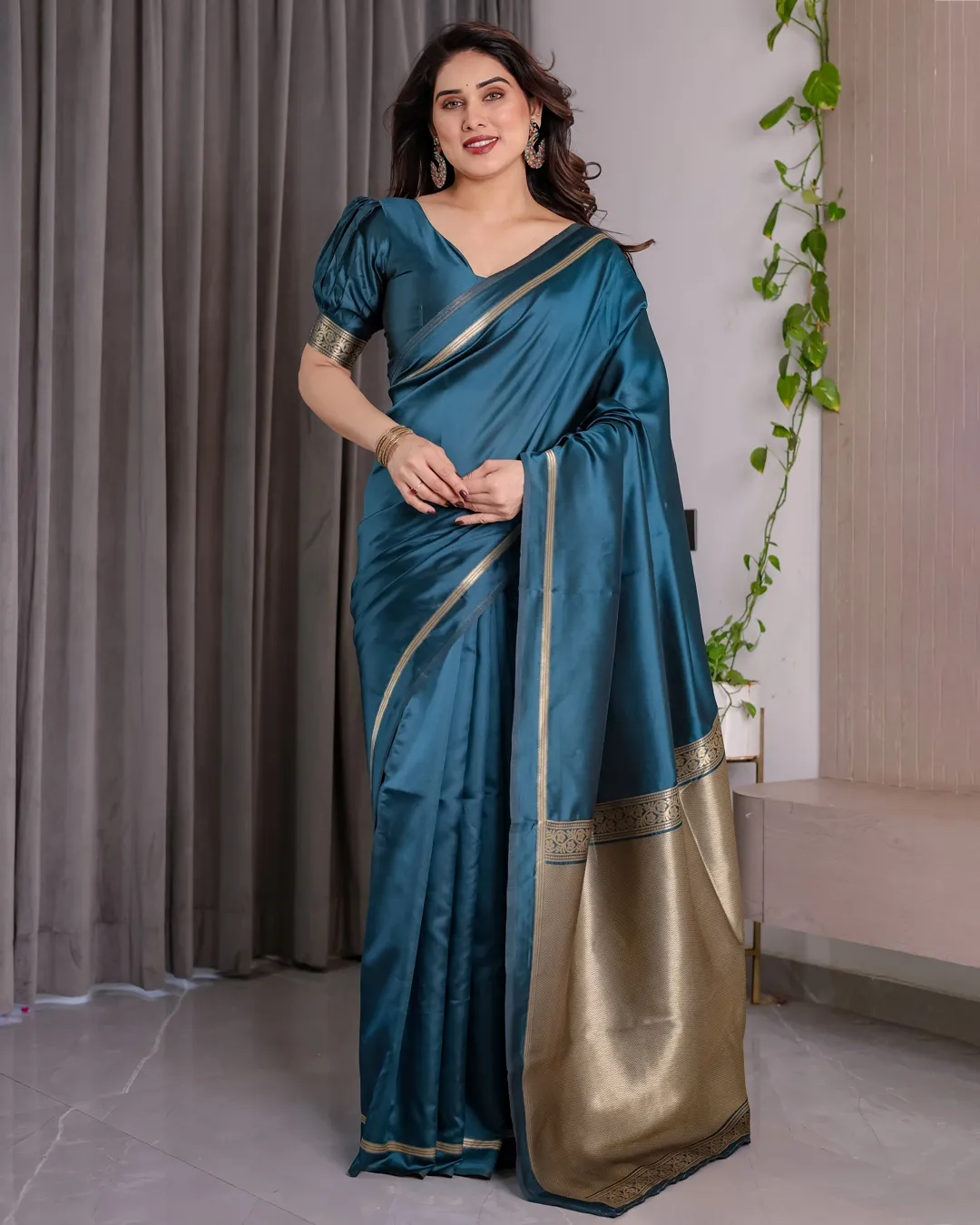 Teal Blue Banarasi Soft Silk Saree With Elegant Zari Border