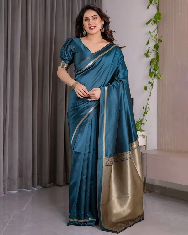 Teal Blue Banarasi Soft Silk Saree With Elegant Zari Border